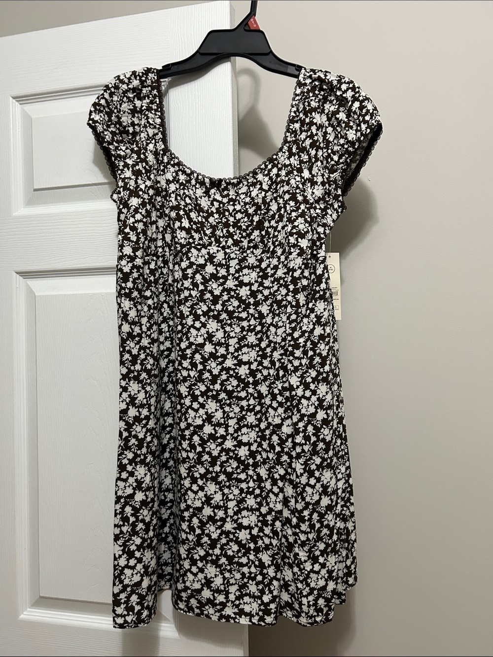 Brown Floral Square-Neck Mini Dress, NEW - Picture 6 of 9